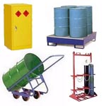 Drum and cylinder storage racks, trolleys for gas bottles, oil drums with bunded sumps